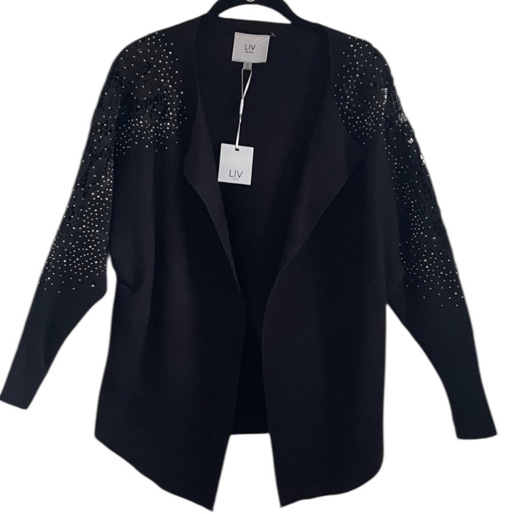 LIV Milano Black Knit Open Cardigan with Sparkling & Embroidered Details S NWT